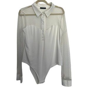Shein Collared Bodysuit with Mesh Polkadot Sleeves
